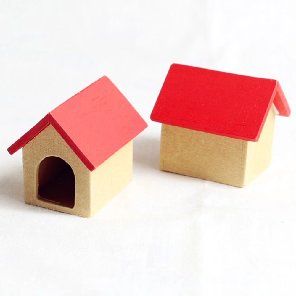 2pcs Mini Wooden Doghouse Photograph Model Creative Adornment Miniature Toy House Accessories (House+Dog, Random Dog Pattern)