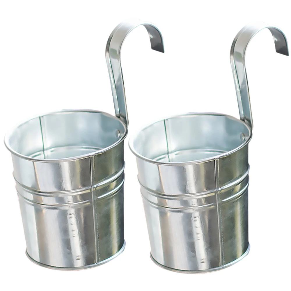 2pcs Hook Flower Bucket Gardening Hanging Flower Bucket Retro Stripe Iron Sheet Bucket for Home (Silver)