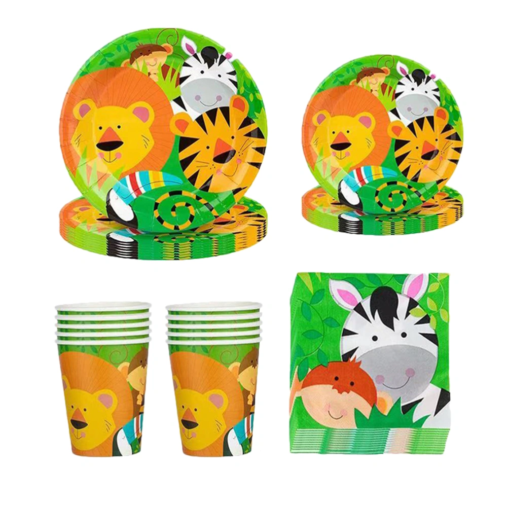 1 Set of 64PCS Animal Theme Tableware Kit Party Paper Plate Cups Napkin Set Cartoon Jungle Animal Tableware Napkin Set Lovely Forest Animal Themed Tableware Napkin Set Disposable Birthday Party Supplies for Kids Birthday