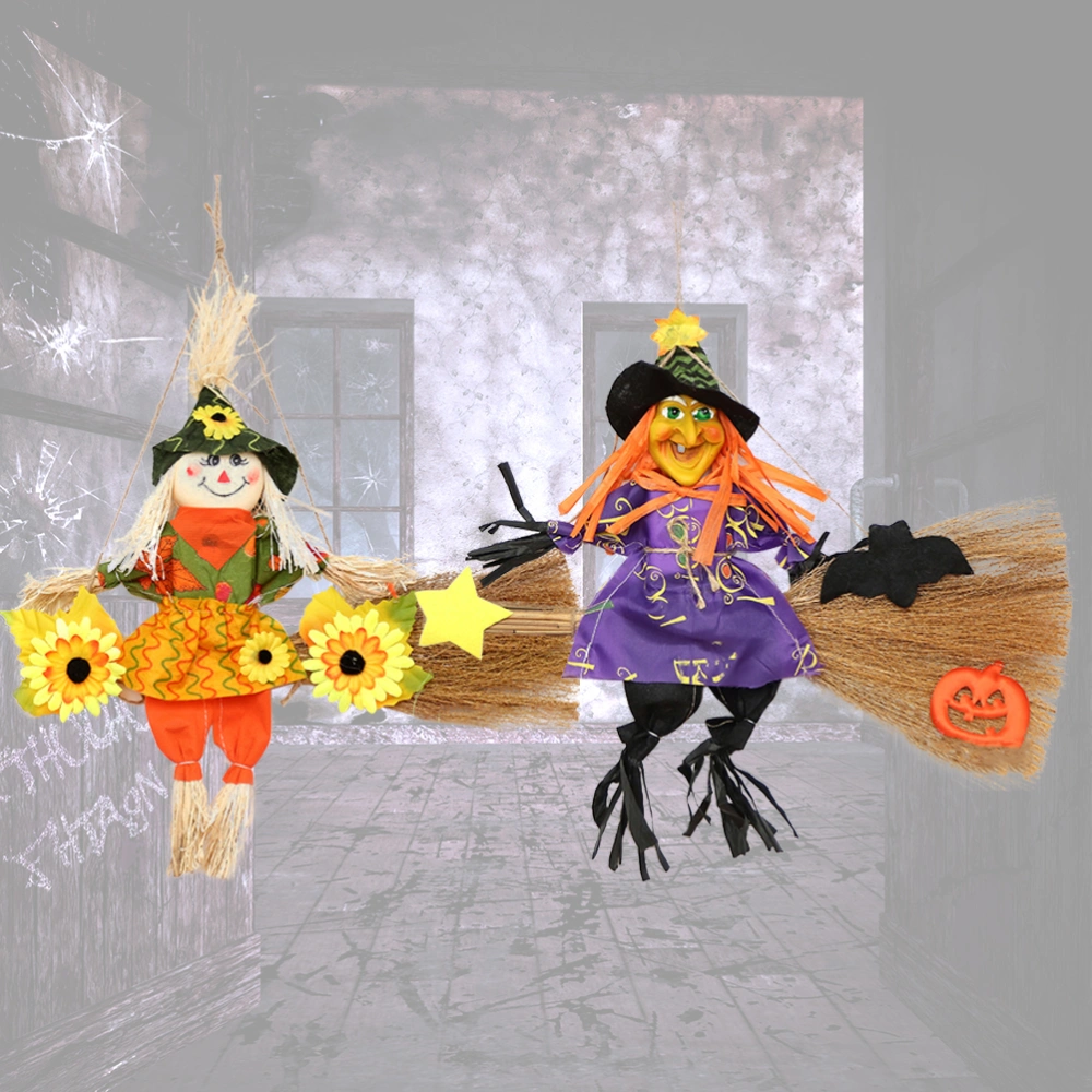 1 Pair 2Pcs Random Color Hanging Broom Witch Scarecrows Decor Broom Boy or Girl Decorations