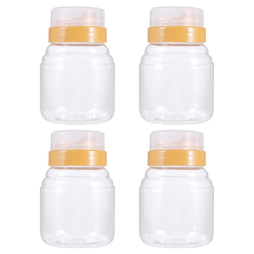 4PCS Transparent Honey Bottle Plastic Liquid Food Jar Portable Food Packaging Bottle Household Honey Jar with Lid for Home Camping Use (500g Capacity)