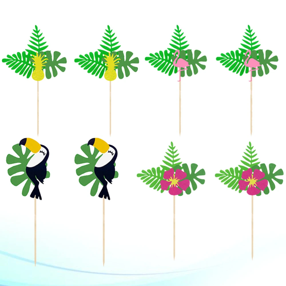 8Pcs Cupcake Toppers Hawaiian Party Accessories with Toothpick for Decoration (Pink Flamingos, Toucan, Pineapple, Flower for Each 2Pcs)