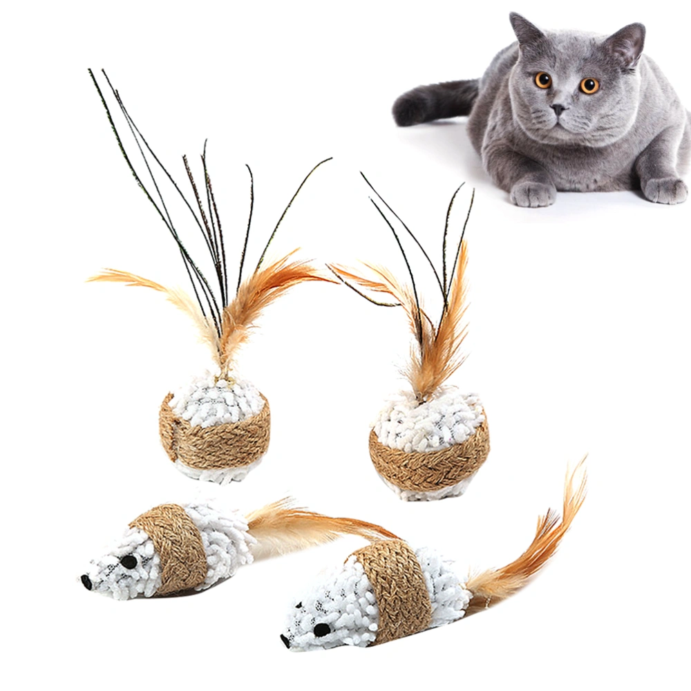 4pcs Plush Mouse Toy Funny Feather Tail Mouse Cat Playing Props Cat Teaser Creative Ball Interactive Toy (2pcs Mouse, 2pcs Ball)