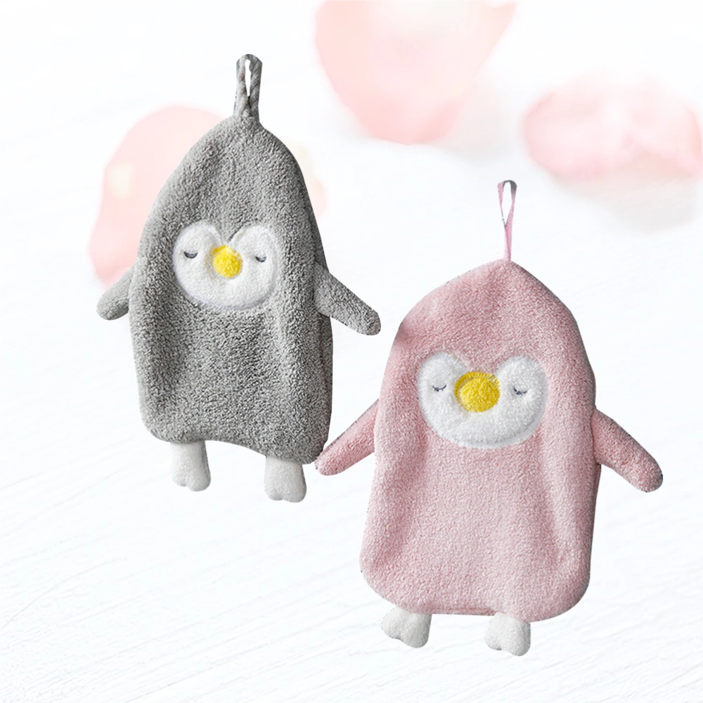 2PCS Cartoon Penguin Shape Wipes Coral Fleece Hand Towels Hanging Towels for Home Bathroom Kitchen (Grey, Pink)