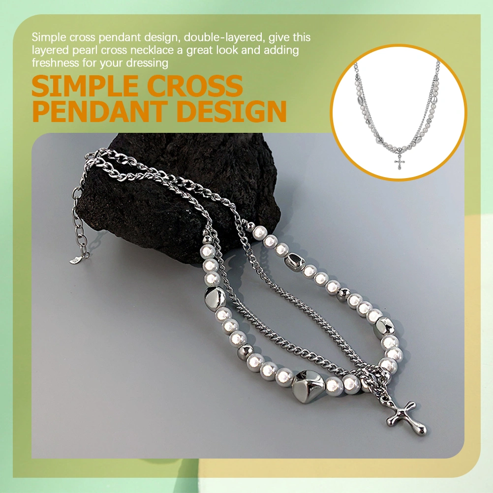 Layered Pearl Cross Necklace Women Layered Choker Necklace Cross Pendant Necklace