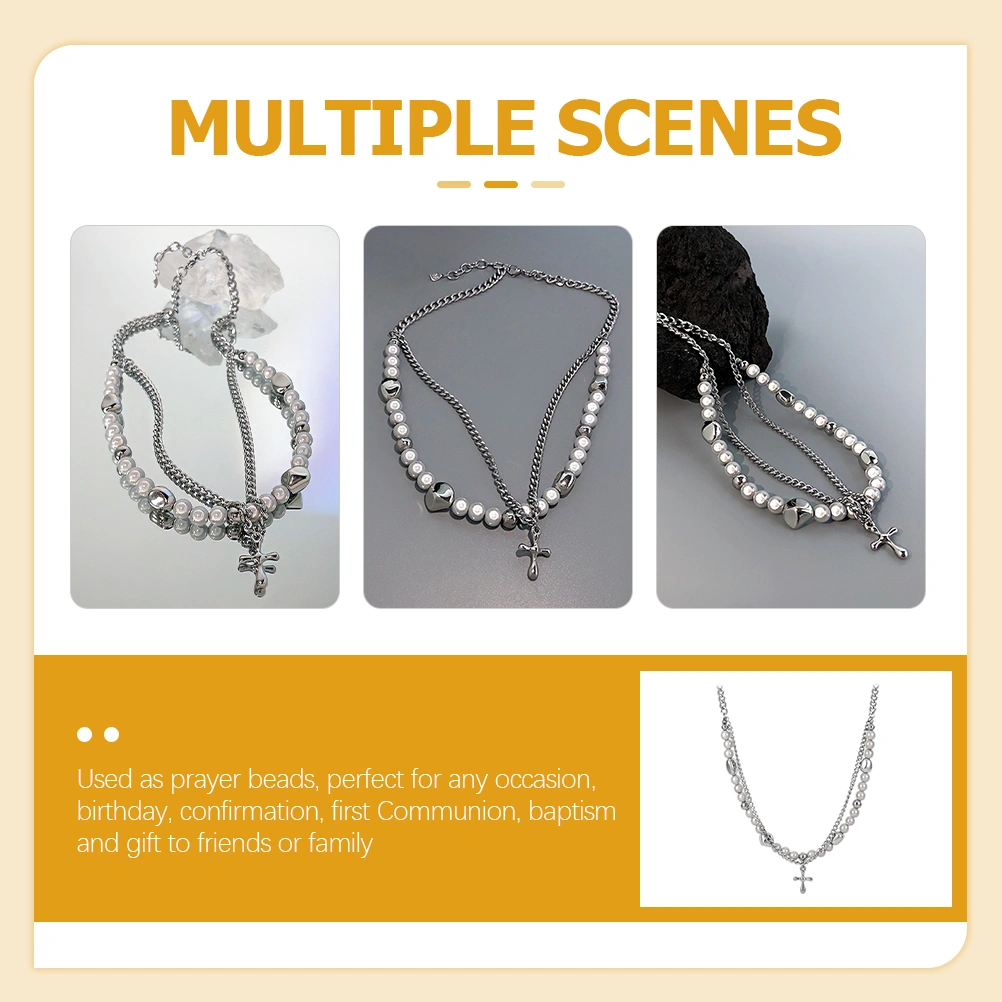 Layered Pearl Cross Necklace Women Layered Choker Necklace Cross Pendant Necklace