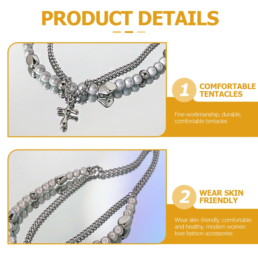 Layered Pearl Cross Necklace Women Layered Choker Necklace Cross Pendant Necklace
