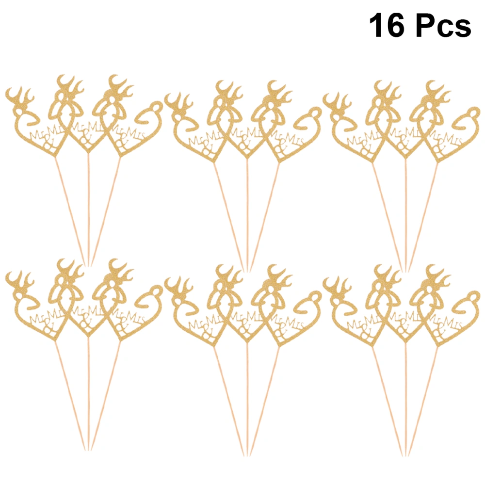 16PCS Golden Glitter Paper Cake Toppers Mr&Mrs Heart Shape with Antler Cake Picks Cupcake Decor Party Supplies for Wedding Engagement