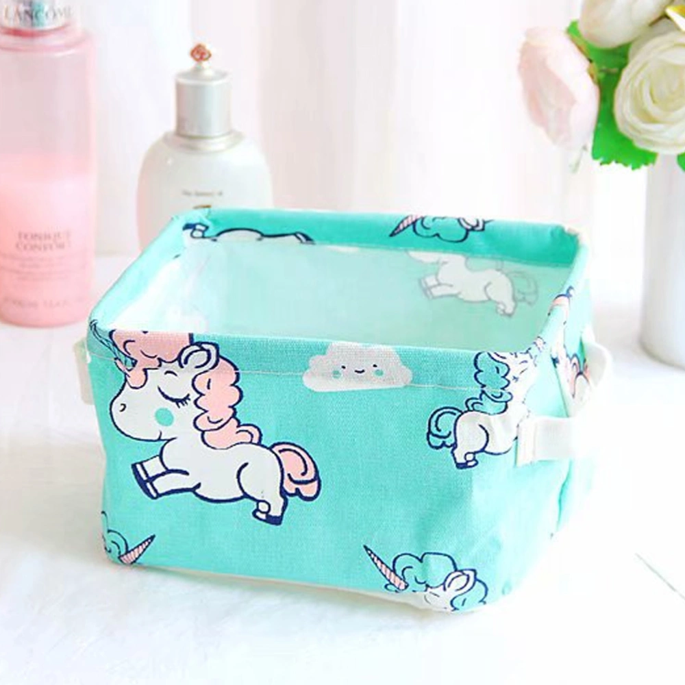 Cartoon Canvas Storage Box Waterproof Coating Unicorn Pony Desktop Organizer Blue