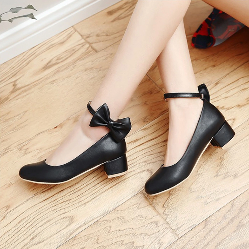 1 Pair Chunky Mid-heel Shoes Stylish Bowknot Female Shoes Shallow Mouth Single Shoes Elegant Buckle Strap Shoes for Women Lady (Black Size 39 7.5US,5UK, 38.5EU,9.6285Inch)