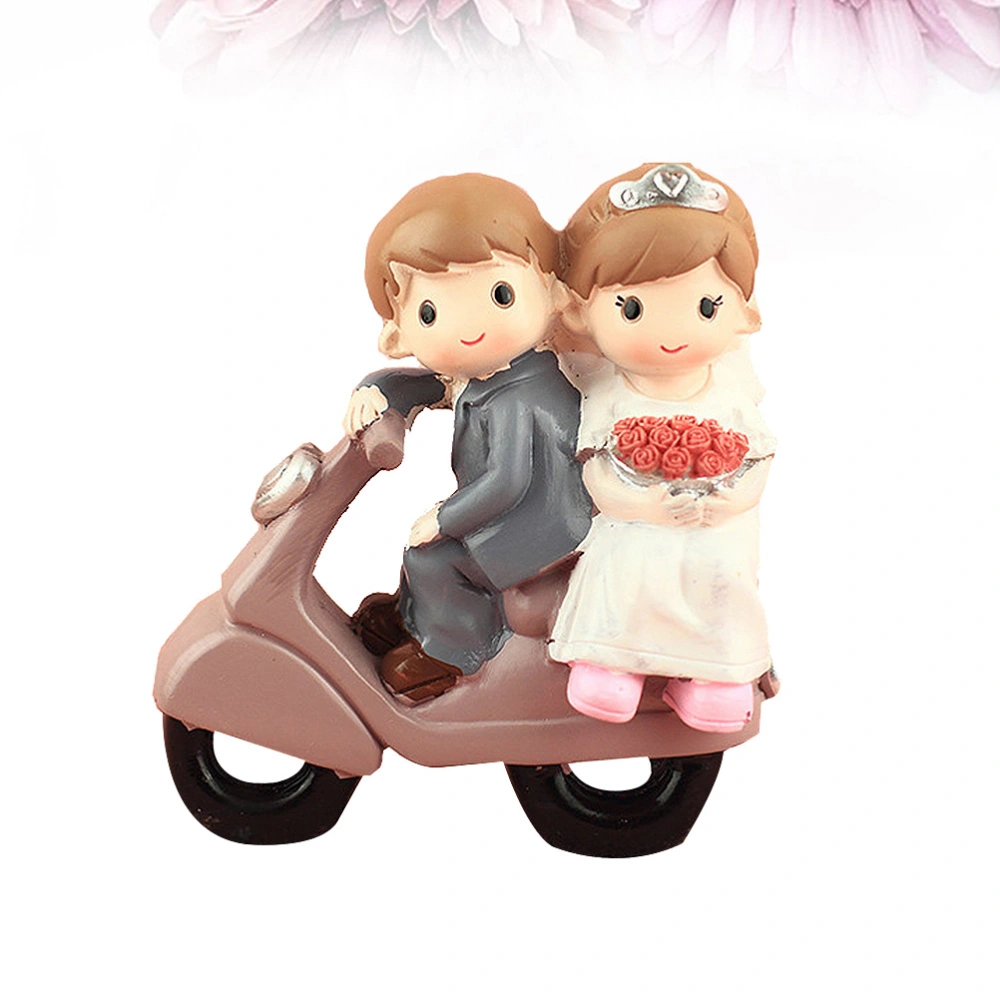 Romantic Figurine Gift Elegant Bride and Groom Ride Motorcycle Cake Topper Figurine Desktop Decoration (Brown)