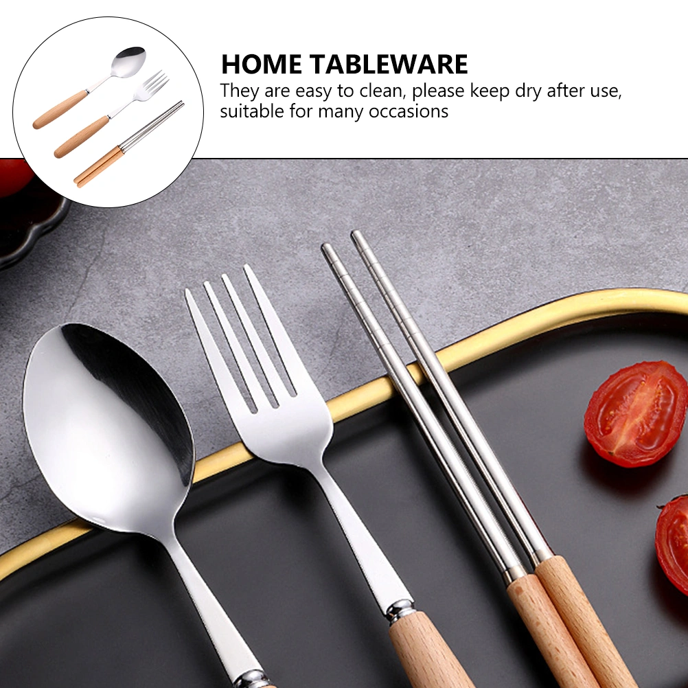1 Set Household Wooden Handle Fork Spoon Chopstick Kit Stainless Steel Flatware