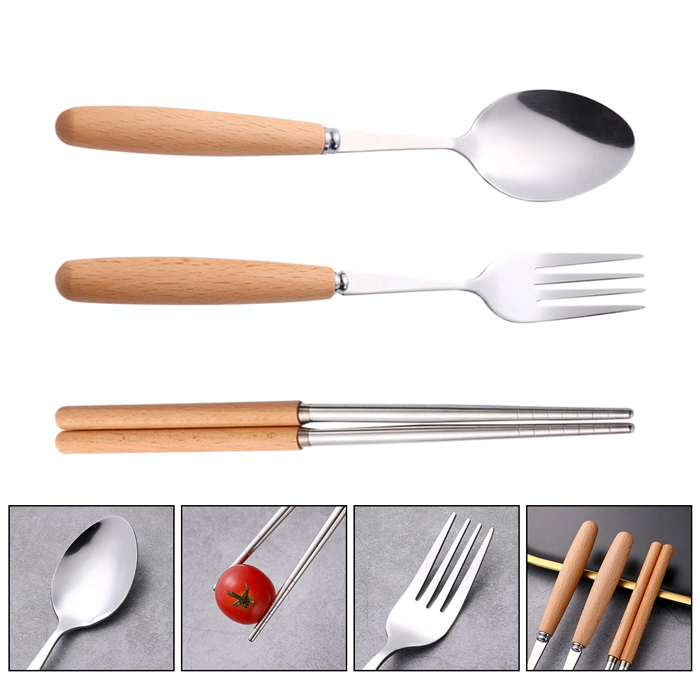 1 Set Household Wooden Handle Fork Spoon Chopstick Kit Stainless Steel Flatware