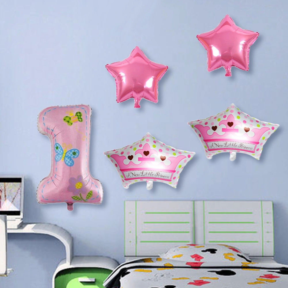 Set of 5pcs A New Little Foil Balloons Crown Stars Balloons for One Year Old Baby Birthday Party Decoration (Pink)