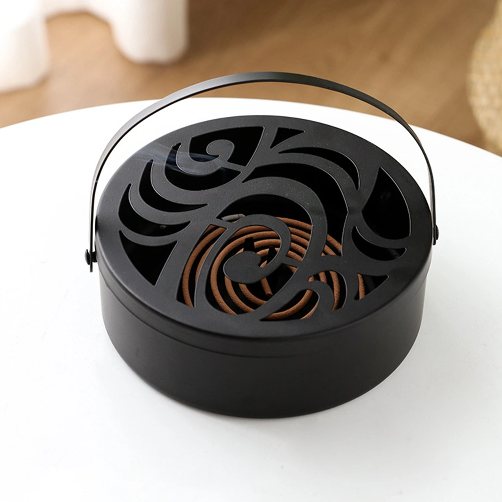 Iron Mosquito-Repellent Incense Holder Portable Mosquito Coil Storage Box with Cover (Black, Auspicious Clouds)