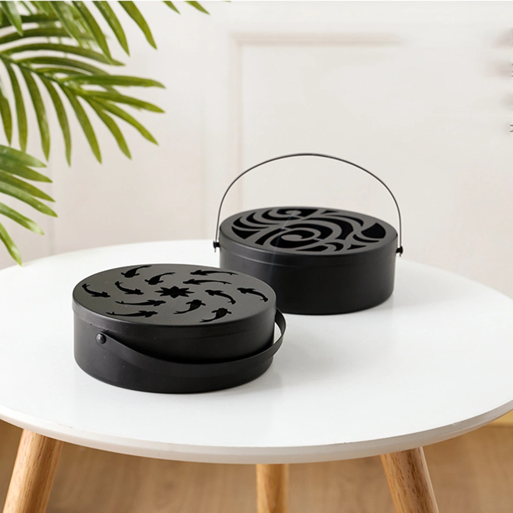 Iron Mosquito-Repellent Incense Holder Portable Mosquito Coil Storage Box with Cover (Black, Auspicious Clouds)