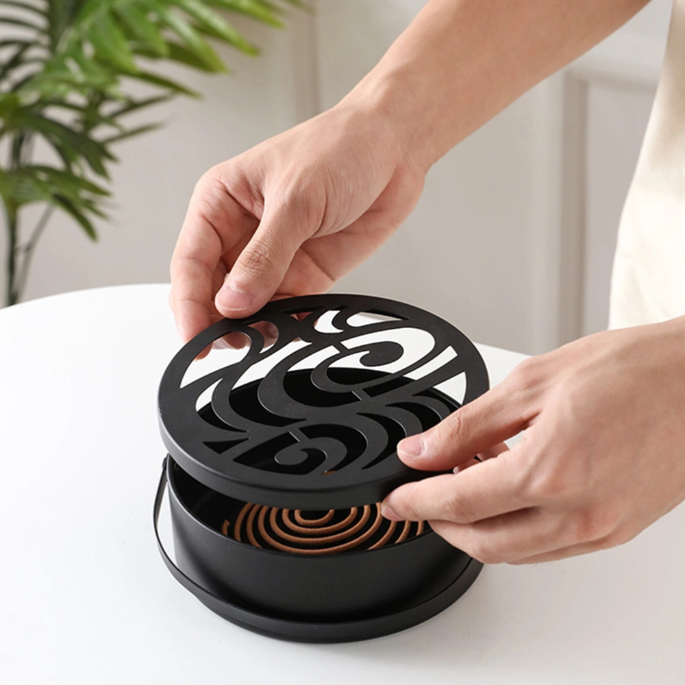 Iron Mosquito-Repellent Incense Holder Portable Mosquito Coil Storage Box with Cover (Black, Auspicious Clouds)