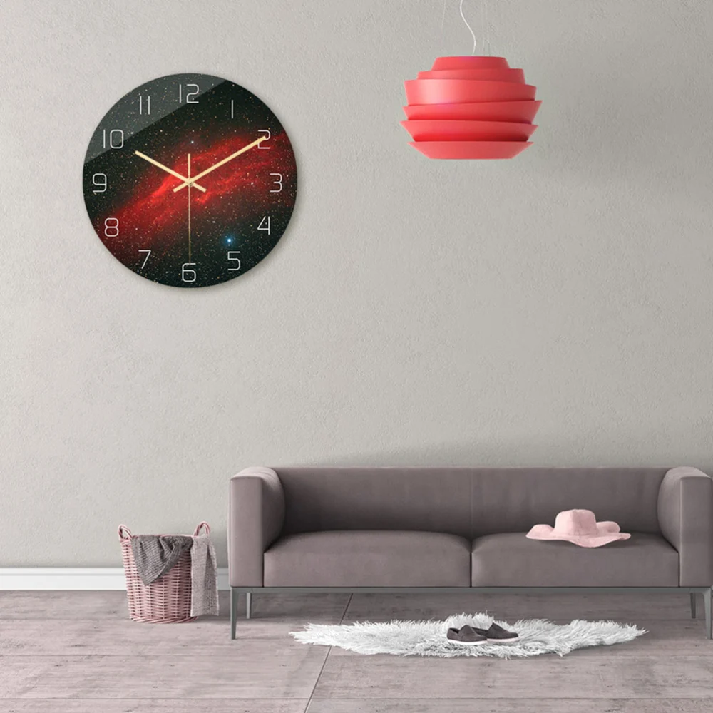 1pc Delicate Wall Clock Red Starry Pattern Silent Acrylic Round Design Hanging without Battery for Bedroom