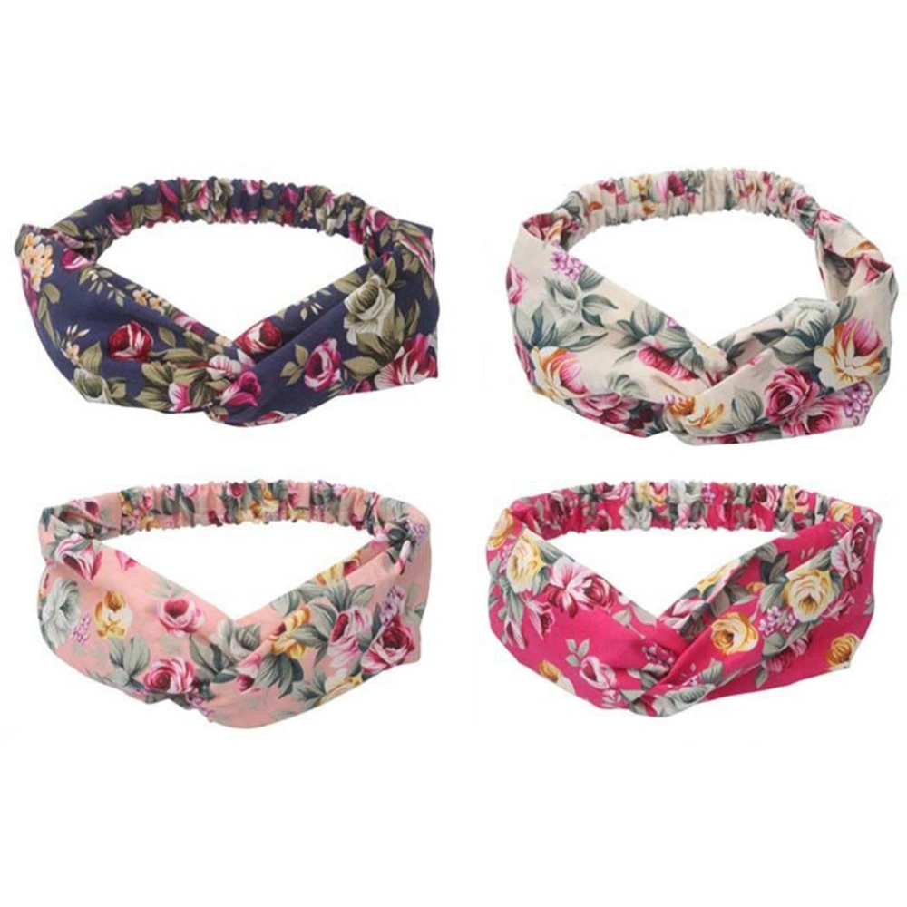 4 Pack Women Cross Headbands Floral Elastic Printed Head Wrap Stretchy Hairband for or Daily Wear (Mixed Pattern)