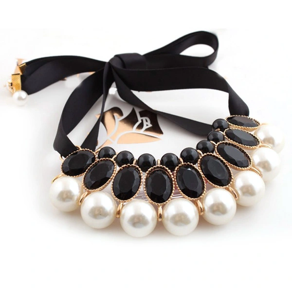 Elegant Women's Girls Acrylic Gems Big Pearls Pendant Ribbon False Collar Necklace Choker (Black)