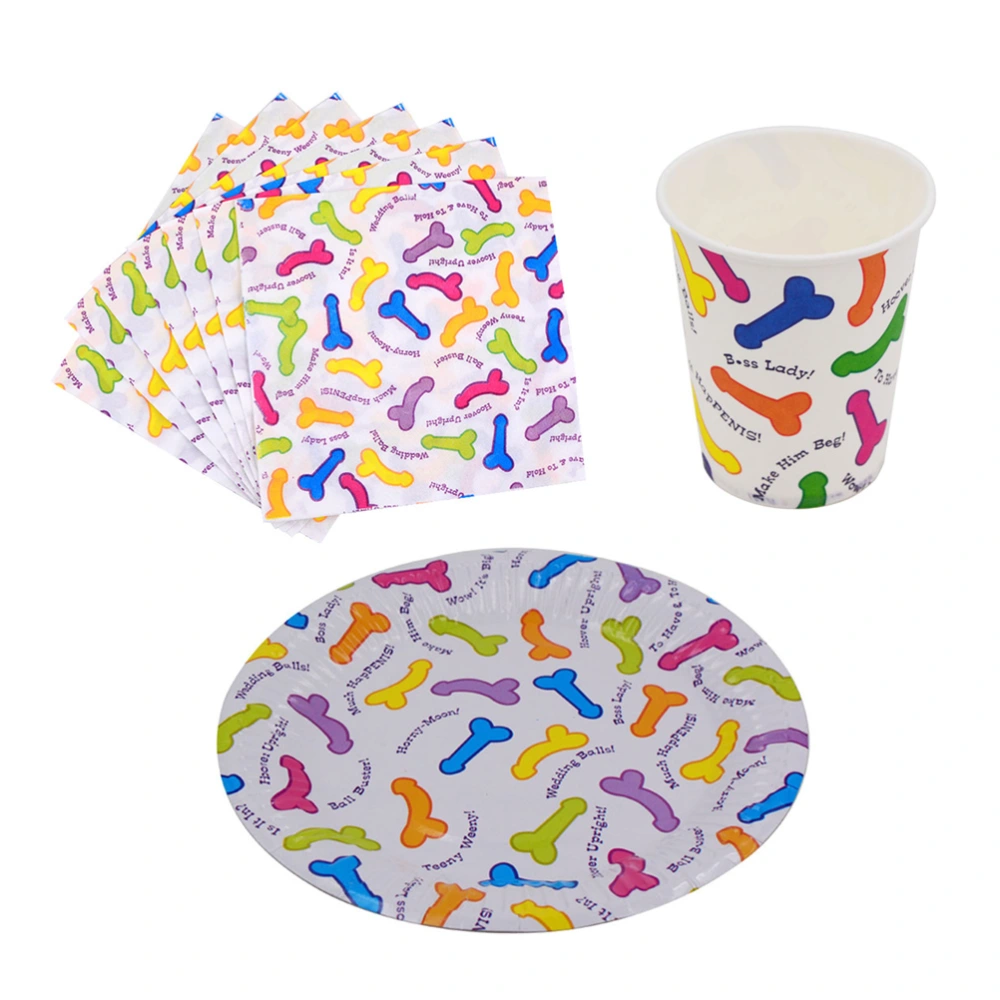 19pcs Disposable Party Tableware Paper Plates Cups Napkin Penis Pattern Bachelorette Bridal and Hen Party Table Decoration