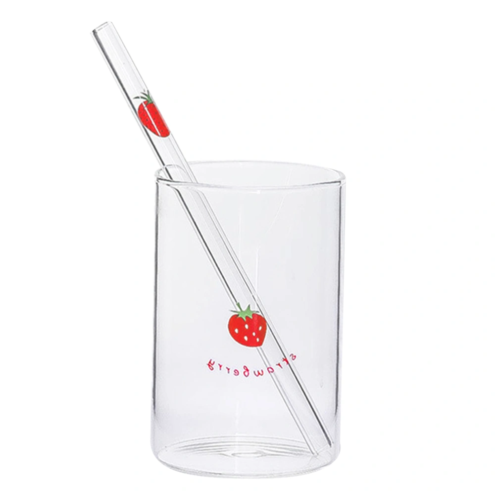 Glass Cup Borosilicate Heat-Resisting Milk Fruit Juice Water Storage Cup With a Straw for Home Office (Strawberry Printing Style)