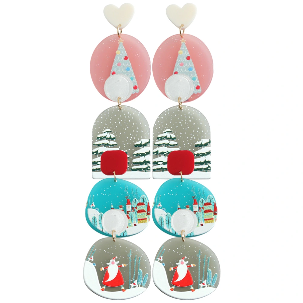 4 Pairs Xmas Earrings Acrylic Christmas Tree Castle Santa Claus Shaped Earrings