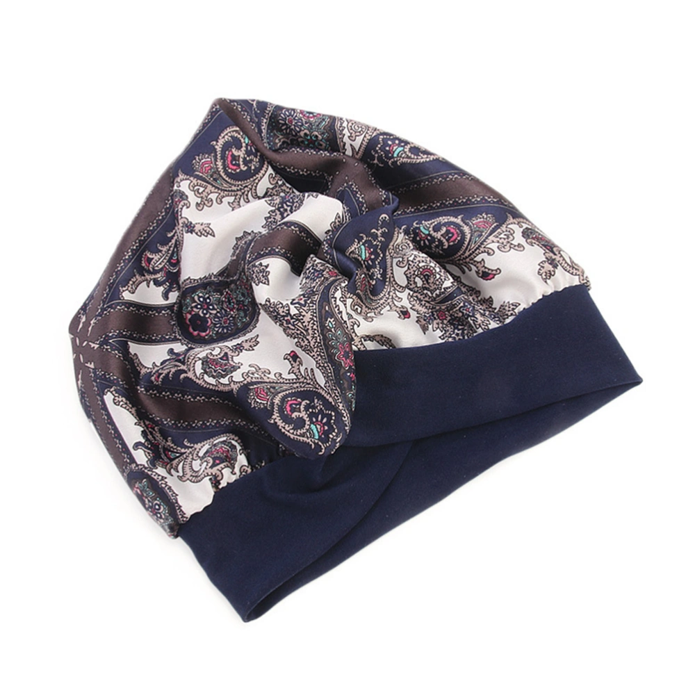 1PC Imitated Silk Head Wraped Printed Chemotherapy Nightcap for Women (Navy Printing)