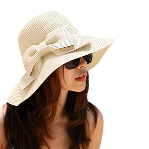 Fashion Foldable Women's Girls Sweet Bowknot Wide Brim Floppy Summer Straw Sun Hat Beach (Beige)