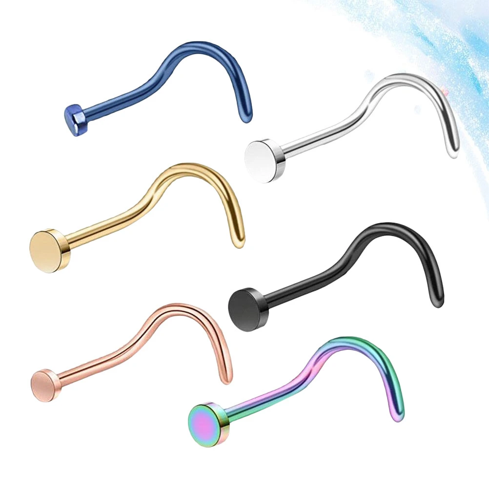 6PCS Flat Head Nose Studs Delicate Nose Rings Simple Piercing Jewelry Fashion Screws Nose Jewelry for Women Men Wearing (Silver+Black+Golden+Blue+Colorful+Rose Gold)