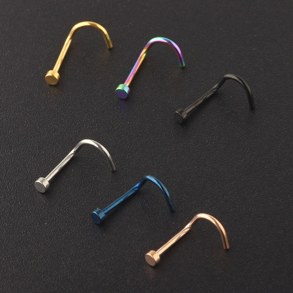 6PCS Flat Head Nose Studs Delicate Nose Rings Simple Piercing Jewelry Fashion Screws Nose Jewelry for Women Men Wearing (Silver+Black+Golden+Blue+Colorful+Rose Gold)