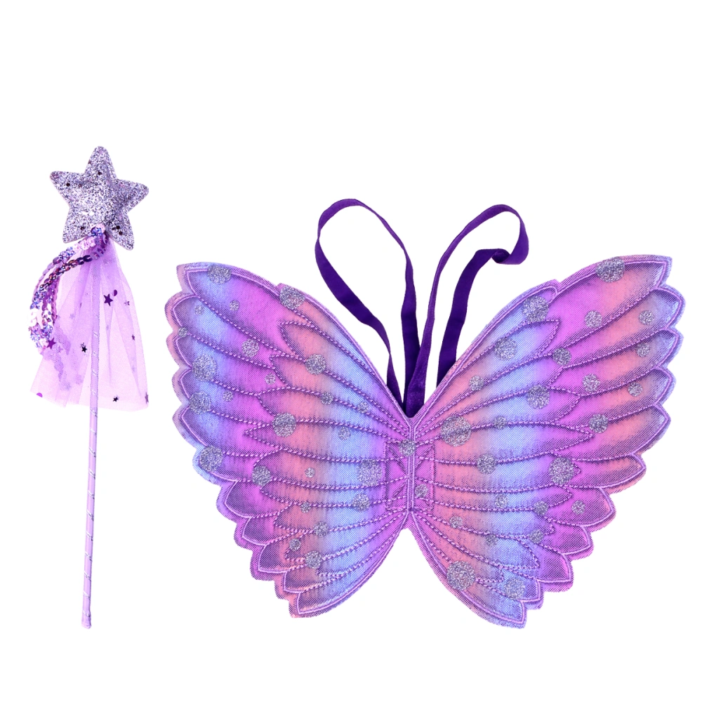 2pcs Purple Angel Wings and Fairy Stick Set Kids Cosplay Performance Prop Decoration Wings Props for Children Stage Birthday Party