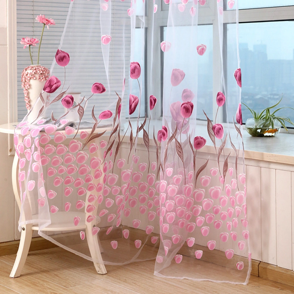 100x200cm Transparent Tulip Flower Sheer Curtains Window Screen Tassel Floral Tulle Voile Door Scarf Drapes Valance for Bedroom Living Room Home Decor (Pink)