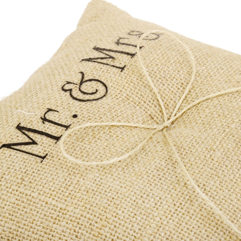 Mr & Mrs Burlap Jute Bow Twine Rustic Wedding Ring Pillow