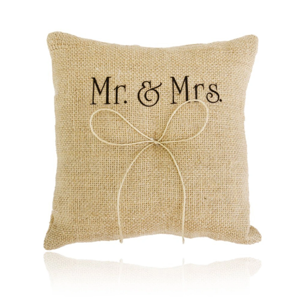 Mr & Mrs Burlap Jute Bow Twine Rustic Wedding Ring Pillow