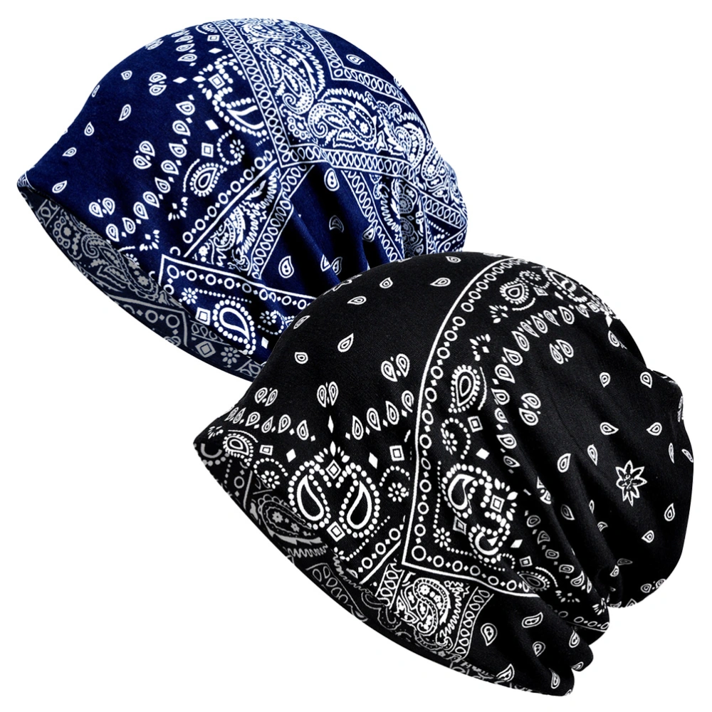 2pcs Women Head Wrap Colorful Printing Stretch Cotton Chemotherapy Sunscreen Headwrap Multifunctional Neckerchief(Black and Sapphire)