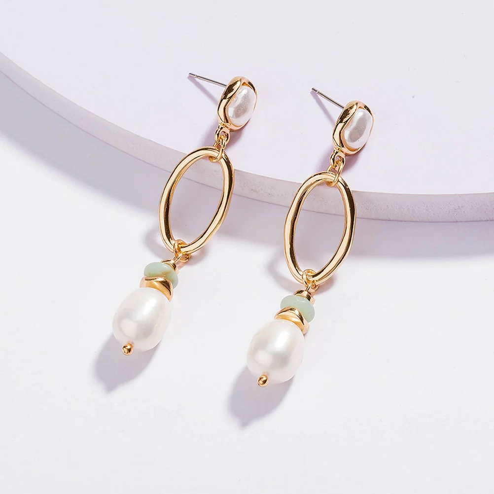 1Pair of Stylish Retro Natural Stone Pearl Long Fringe Metal Earrings (Assorted Color)