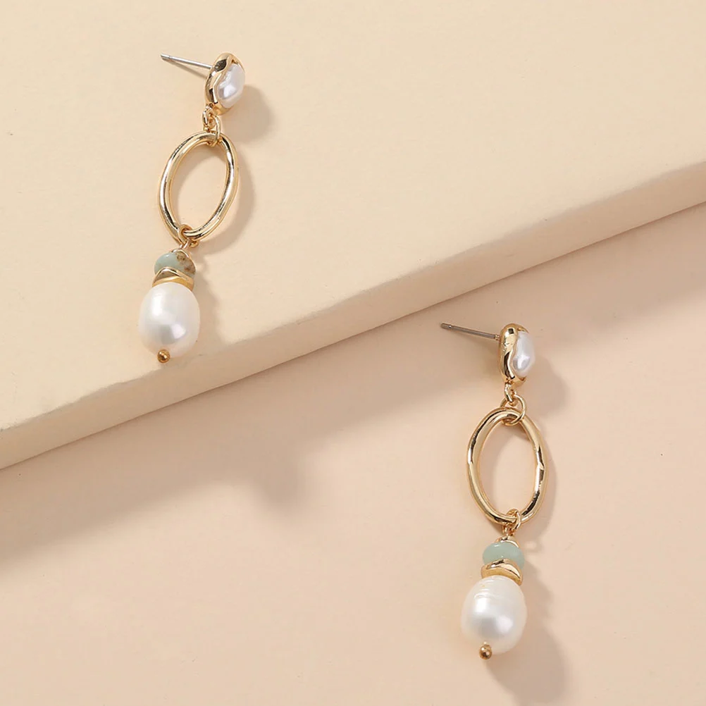1Pair of Stylish Retro Natural Stone Pearl Long Fringe Metal Earrings (Assorted Color)