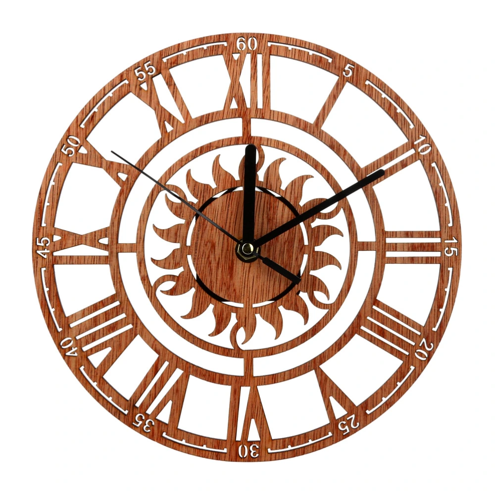 Round Wall Clock Modern Wooden Hanging Clock Novel Sun Shaped Clock with Roman Numeral for Home Office Shop