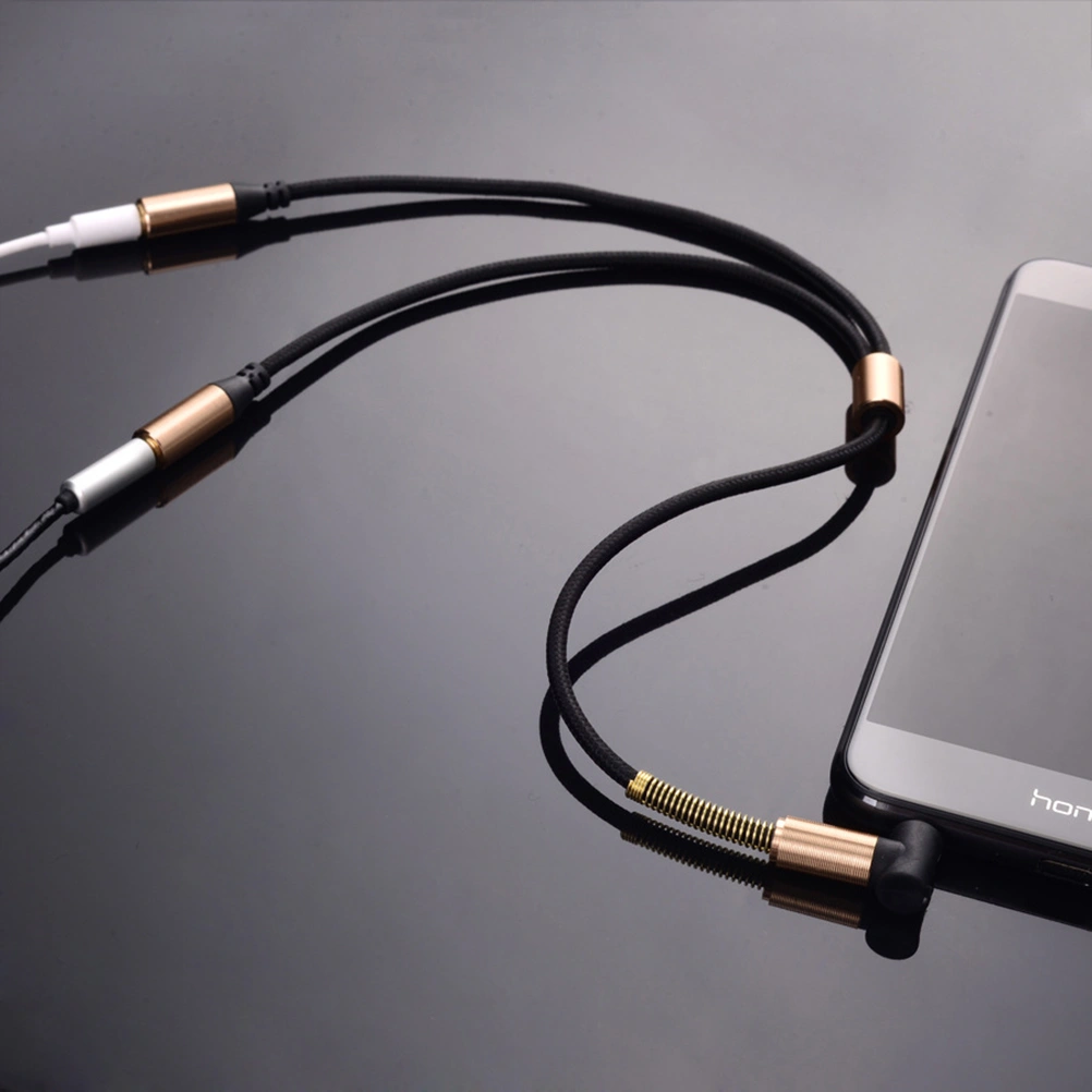 Dual 3.5mm AUX Splitter Audio Auxillary Knitted Cable for Headphone and Speaker (Black)
