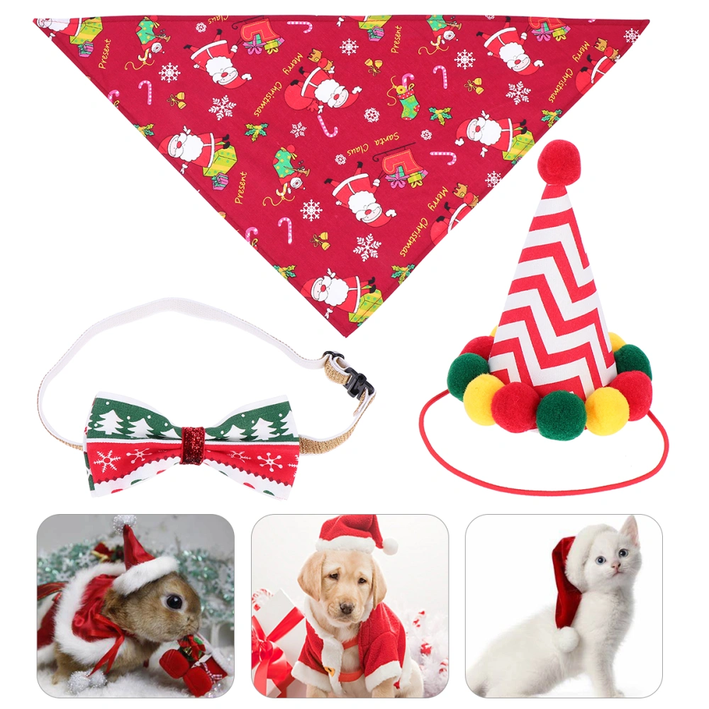 3pcs Pet Dog Christmas and Scarf with Bowknot Collar Birthday Hat Pet Supply