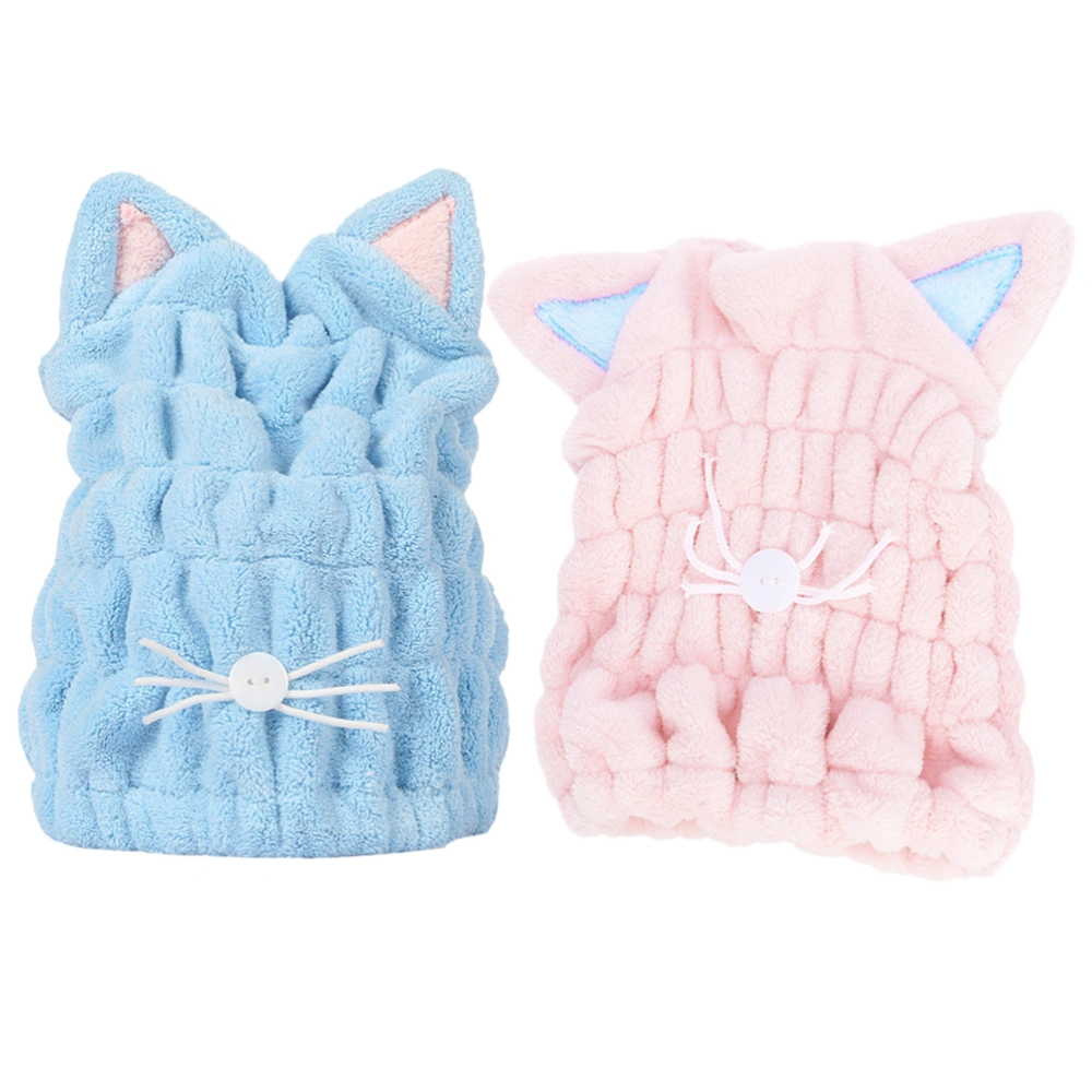 2pcs Cat Ear Hair Drying Towels Water Absorption Hat Fast Drying Thicken Hair for Home Bathroom (Blue + Pink)