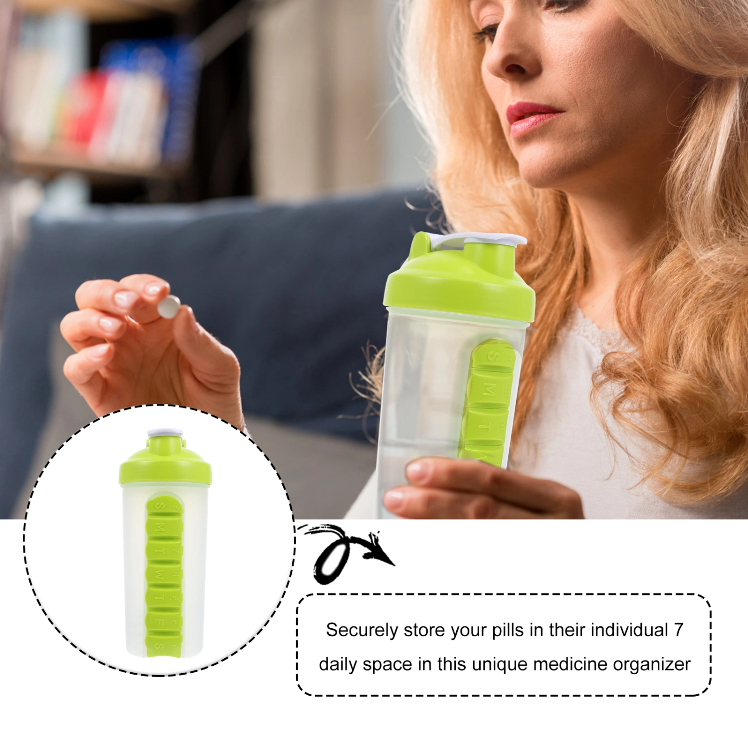 1Pc Shaker Bottle 2-in-1 Water Bottle Weekly Pill Container Portable Water Kettle
