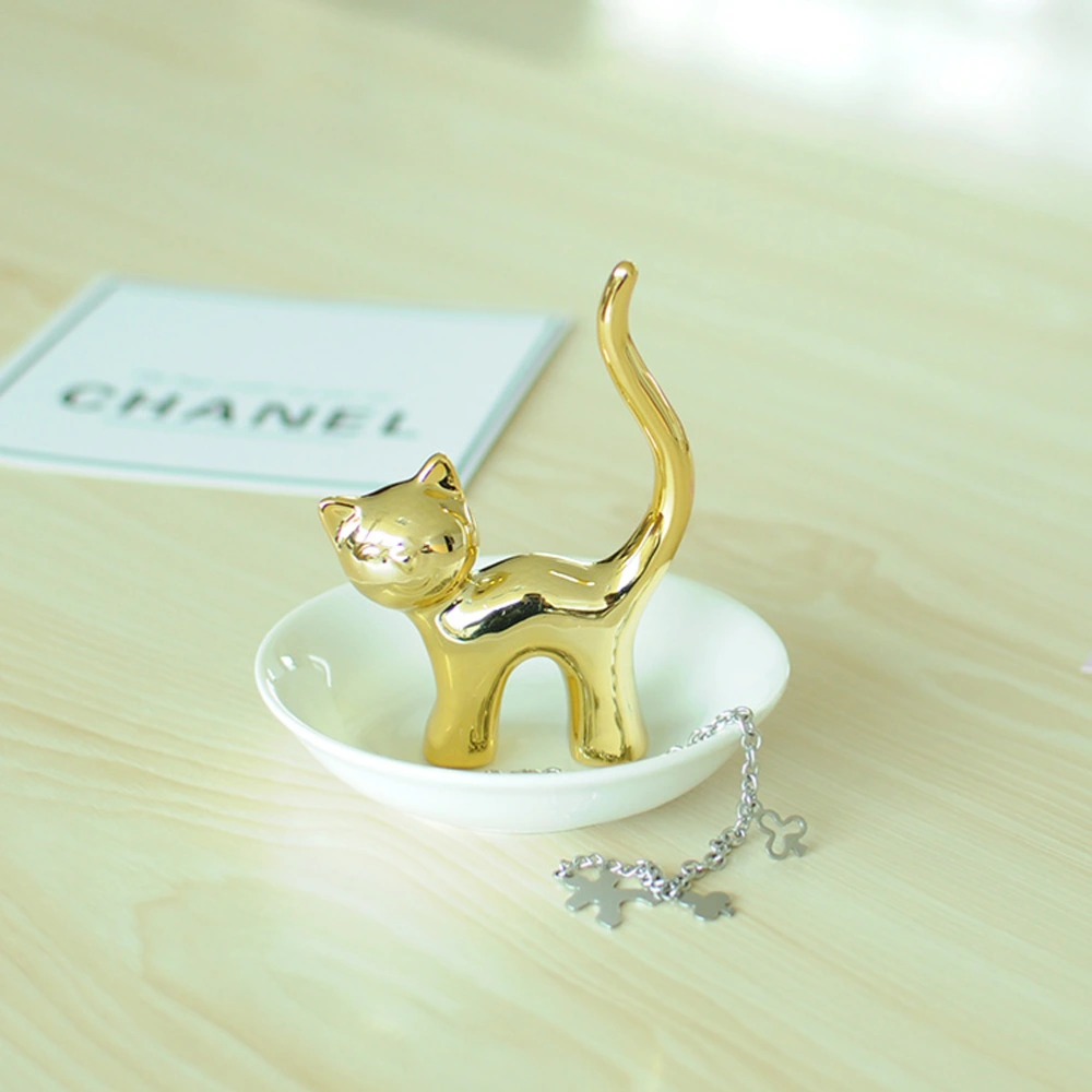 1pc Jewelry Storage Tray Gold Ceramic Jewelry Ring Holder Cat Shape Decor for Home Golden