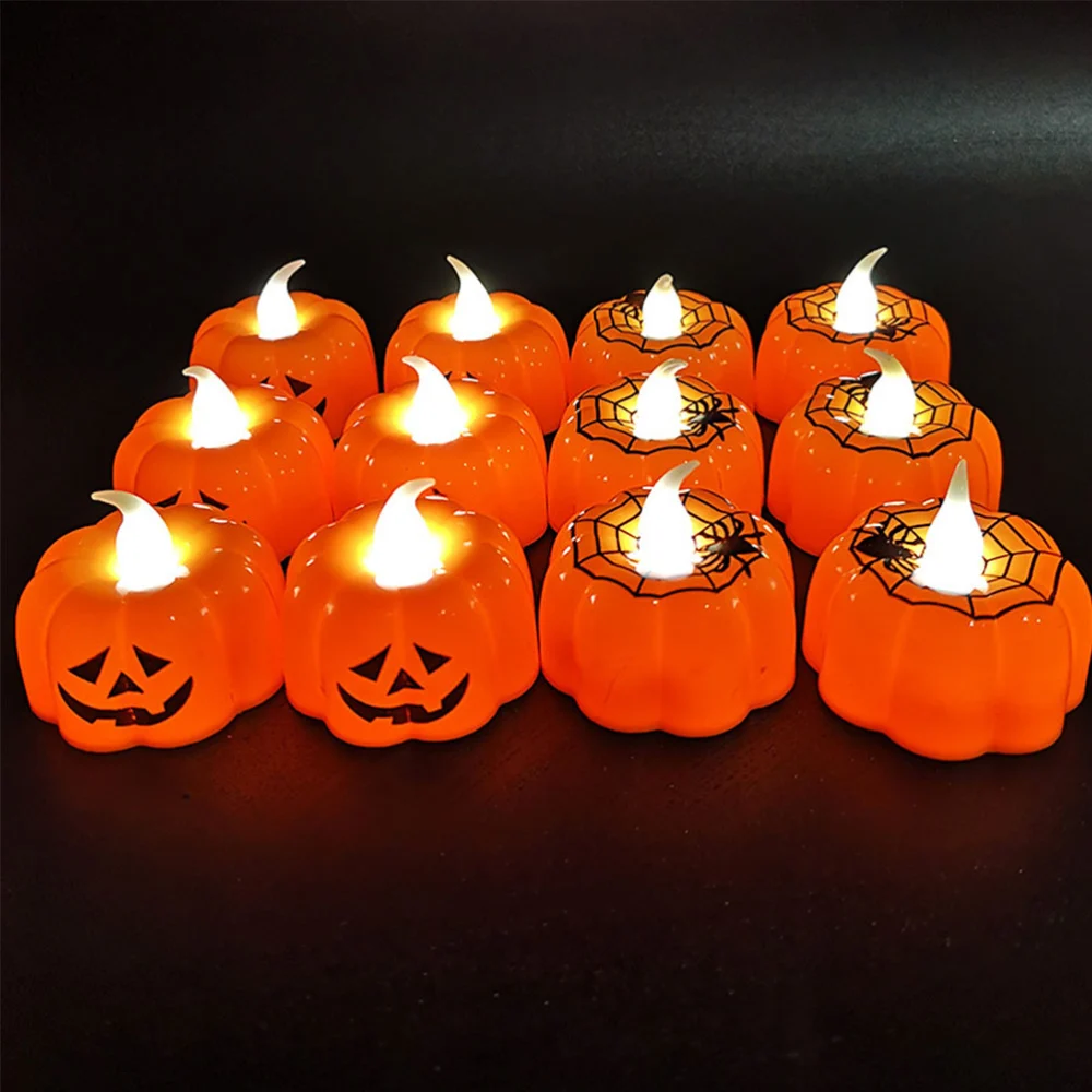 12pcs Halloween Desktop Adornment Pumpkin Light Simulation Candles Electronic Flameless Halloween Decor