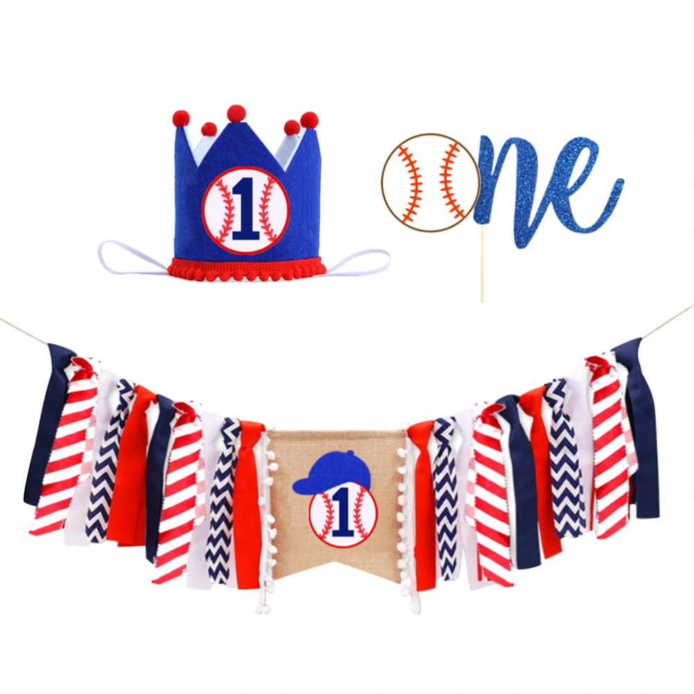 3PCS Baseball Themed Ribbon Banner Cupcake Topper Hat Set First Birthday Decoration Photograph Props for Baby Kids Children