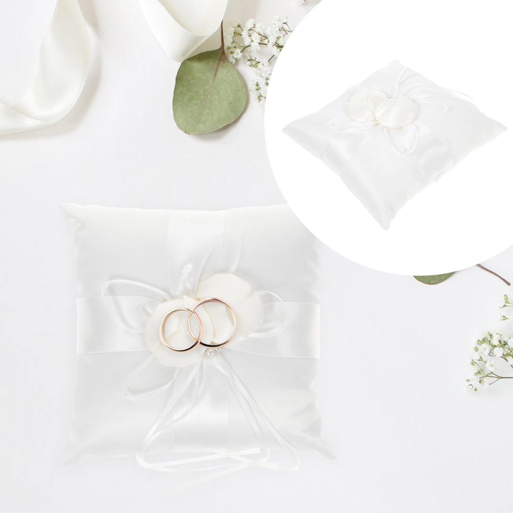 20*20cm Lovely Flower Buds & Faux Pearls Decor Bridal Wedding Ceramony Pocket Ring Pillow Cushion Bearer with Ribbons (White)