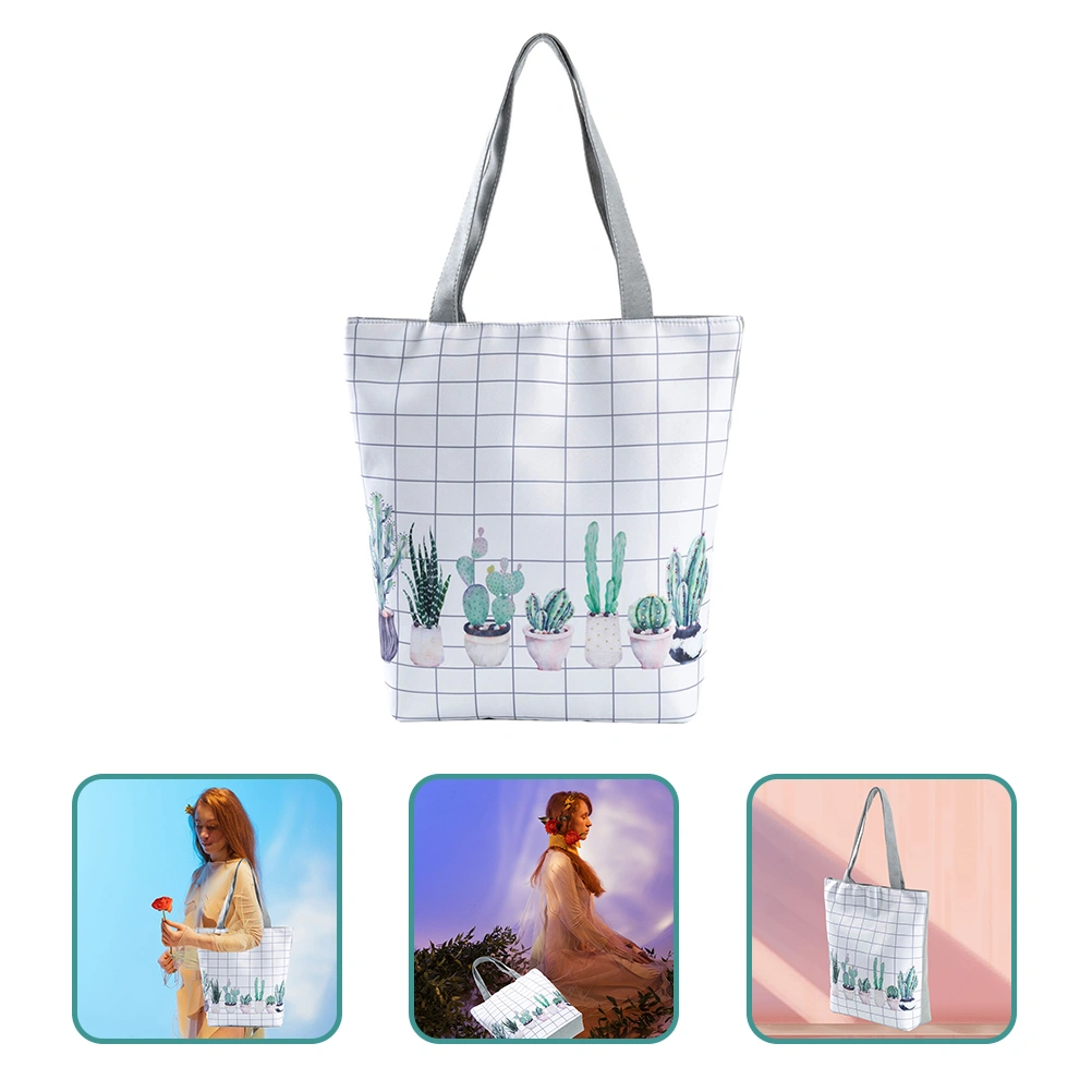 Single Shoulder Bag Cactus Beach Bag Zipper Handbag Shopping Bag for Girl