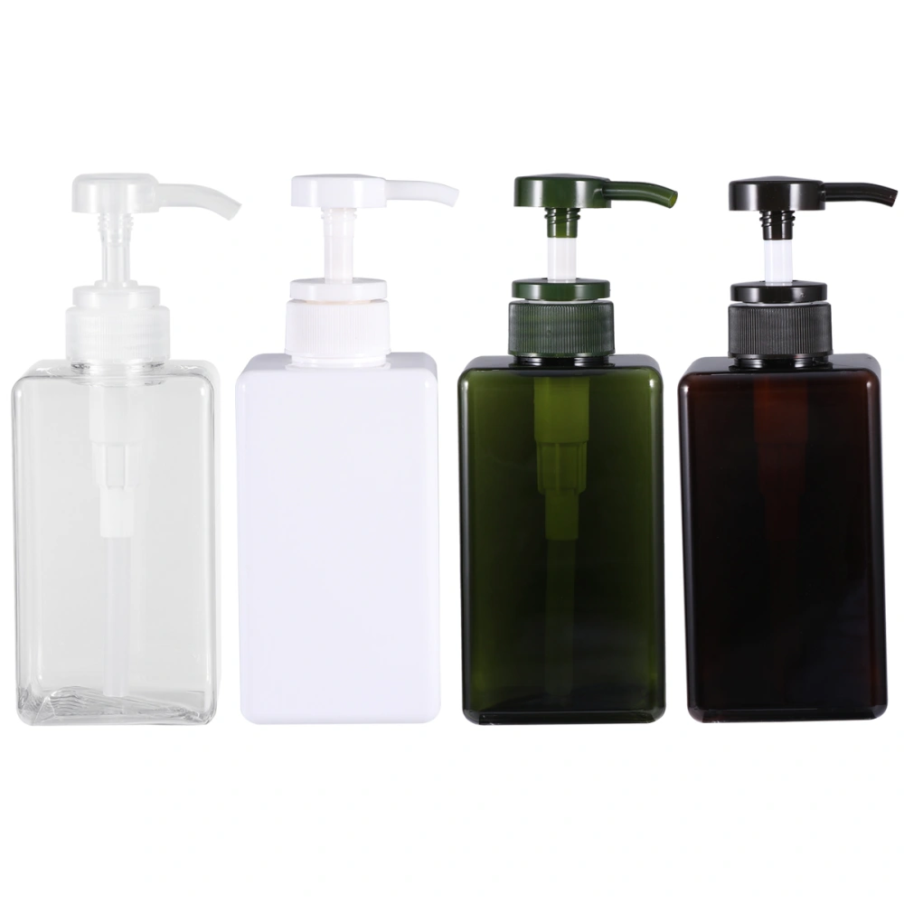 4pcs 450ml Empty Bottles Pump Bottles Shampoo Storage Bottle Shower Gel Storage Container for Home Trip Travel (Transparent + Brown + White + Blackish Green)