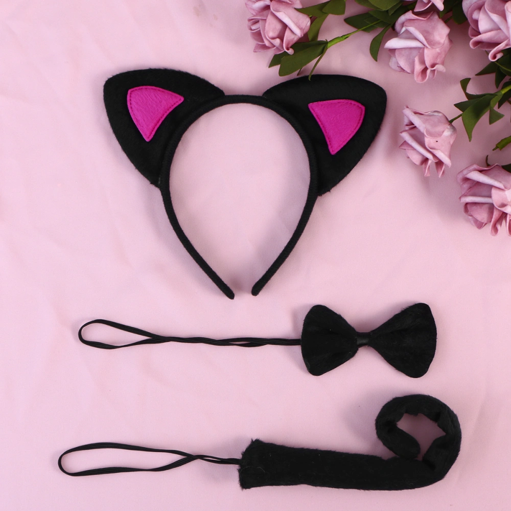 3Pcs Kids Cat Ears Headband Bow Ties Tail Set Party Cosplay Costume (Black and Rosy)